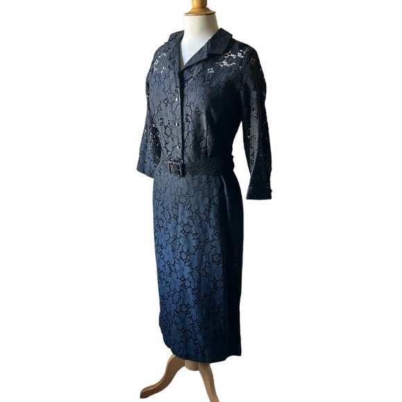 Vintage 1950s Sir James Black Lace Sheath Midi Dress - Medium - Picture 7 of 9